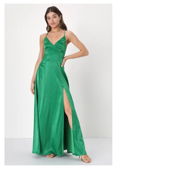 Lulus Enchanting Appearance Green Satin Lace-Up Maxi Dress - Picture 1 of 1